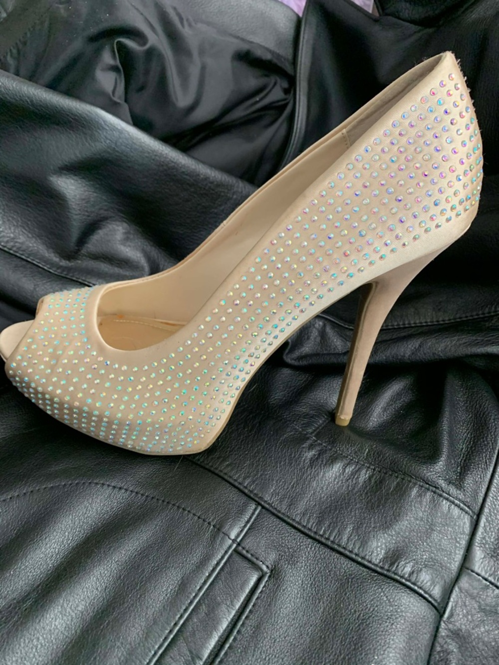Nude Rhinestone Peep-Toe Stiletto Heels - Women